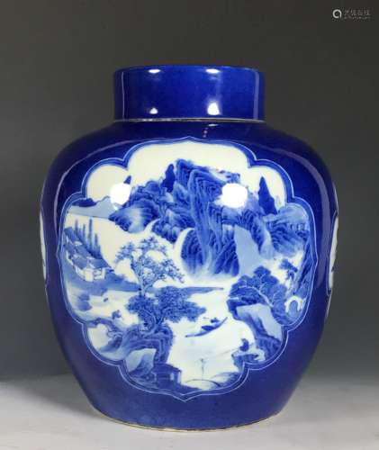 BLUE AND WHITE PORCELAIN COVERED GINGER JAR WITH MARK