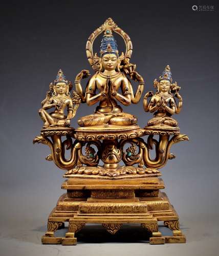 GILT BRONZE GEM-INLAID FIGURE OF SHADAKSHARI AVALOKITES