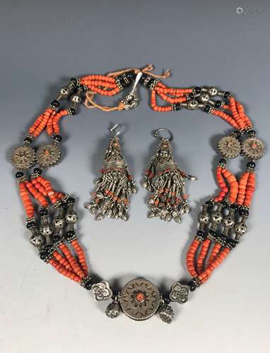 SILVER AND CORAL NECKLACE AND EARRINGS