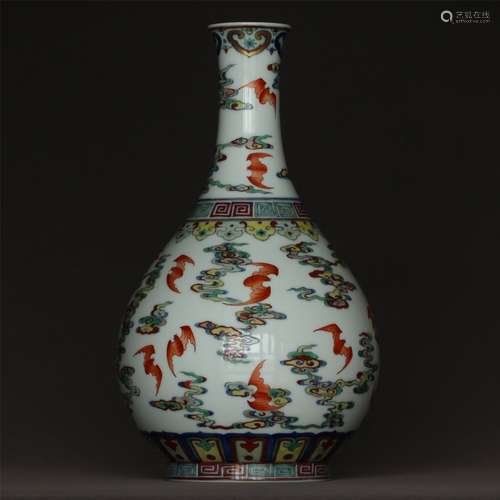 DOUCAI PORCELAIN BAT AND CLOUD VASE, QIANLONG MARK