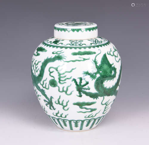 GLAZED PORCELAIN DRAGON COVERED GINGER JAR WITH MARK