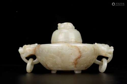 CARVED JADE TRIPOD CENSER AND COVER