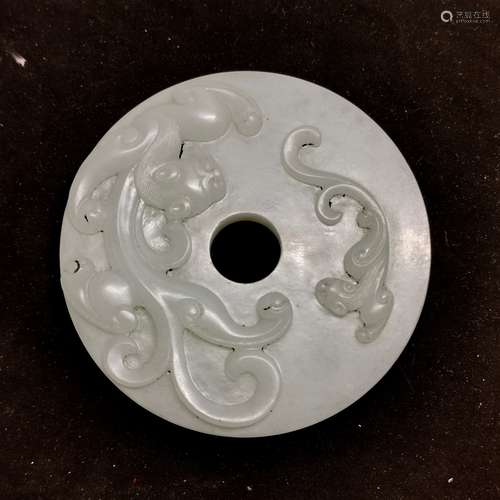 CARVED WHITE JADE 'TWIN DRAGON' BI