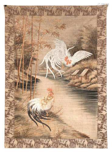 Meiji era A silk embroidered panel