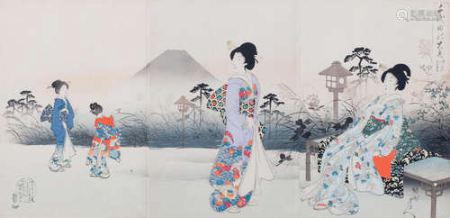 Chikanobu Yoshu (1838-1912) Three triptych of woodblock prints