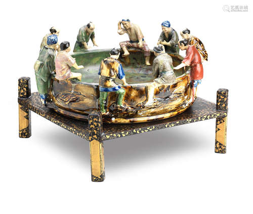 Meiji/Taisho era A very large Sumidagawa basin on a lacquered wood stand