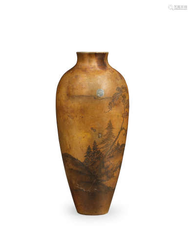 By probably Jomi Eisuke II, Meiji era, late 19th/early 20th century  A slender ovoid inlaid bronze vase