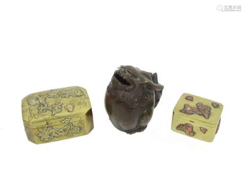 Meiji era A small bronze incense burner with cover and two hinged boxes