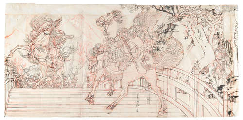 An oban tate-e woodblock print triptych and preparatory drawingMeiji era (1868-1912), dated 1884 Tsukioka Yoshitoshi (1839-1892)