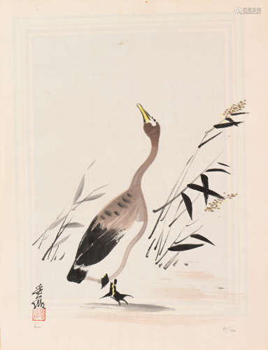 CHINE, XXe siècle  Lithographie représentant une oie au bord de l'eau.