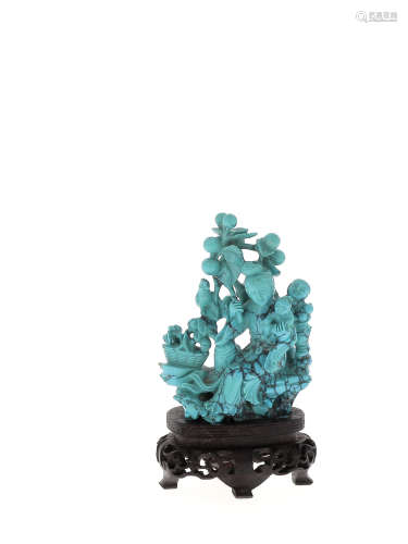 CHINE, XXe siècle  Groupe en pierre de synthèse imitant la turquoise