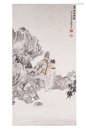CHINE, XXe siècle  Encre et couleurs sur papier montée en rouleau,