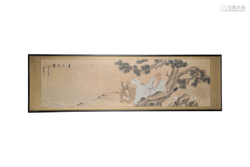 CHINE, XXe siècle  Encre et couleurs sur papier, représentant Taishang Laojun et un cerf