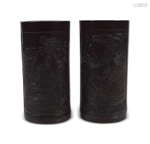 PAIR OF CHINESE QING CARVED BAMBOO BRUSH POTS