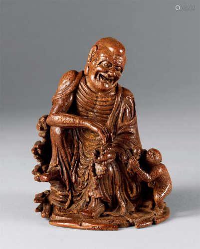 清中期 竹雕罗汉戏猴像