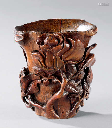 17世纪 竹雕玫瑰花纹杯