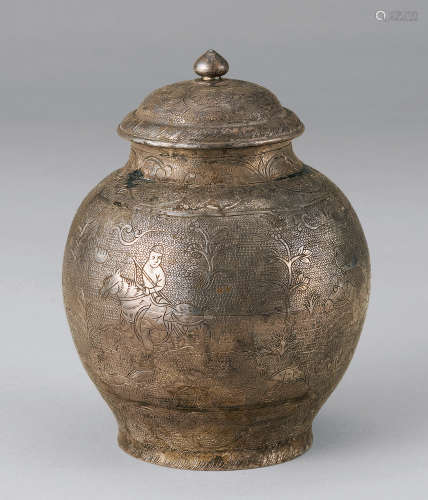 唐时代 银雕花壶