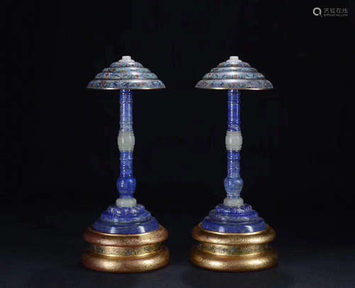 PAIR CLOISONNE DECORATED LAZULI STONE HATRACKS