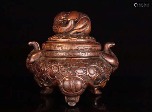 AN OLD AGARWOOD CARVED ELEPHANT CENSER