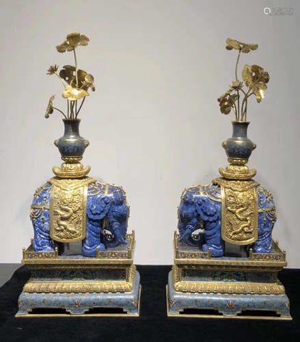 PAIR GILT CLOISONNE AND LAZULI ELEPHANT ORNAMENTS