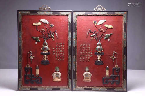 PAIR RED LACQUER HANGING SCREENS