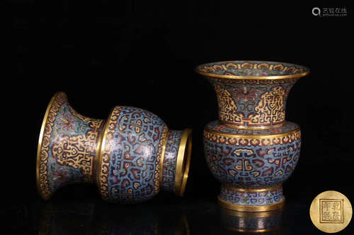 PAIR CLOISONNE TAOTIE PATTERN VASES