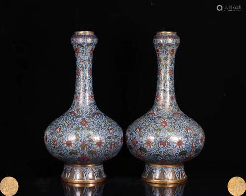 PAIR CLOISONNE TAOIST EIGHT TREASURES PATTERN VASES