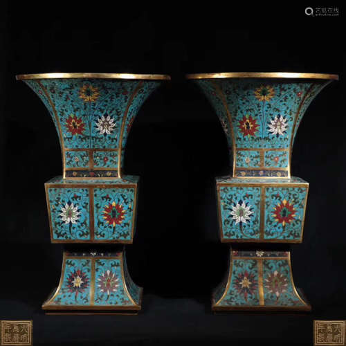 PAIR CLOISONNE FLORAL PATTERN GU VASES