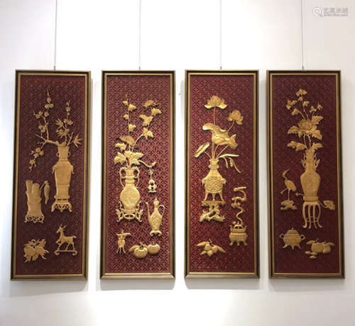 SET OF FOUR RED LACQUER HANGING SCREENS