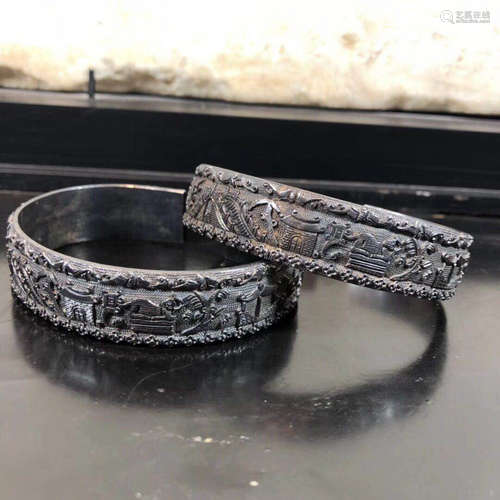 PAIR HANDMADE SILVER CARVED BANGLES