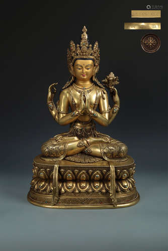 14-16TH CENTURY, A GUAN  YIN DESIGN GILT BRONZE ORNAMENT, MING DYNASTY