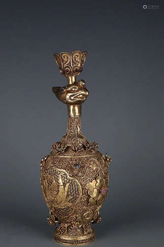 A GILT SILVER PHOENIX PATTERN VASE