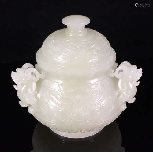 A FLORAL PATTERN THREE-EAR HETIAN JADE STOVE