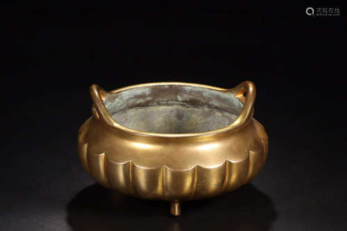 17-19TH CENTURY, A MELON DESIGN GILT BRONZE FURNACE, QING DYNASTY