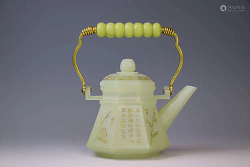 17-19TH CENTURY, A GILT BRONZE CLOISONNE HETIAN JADE LIFTING-HANDLE TEAPOT, QING DYNASTY