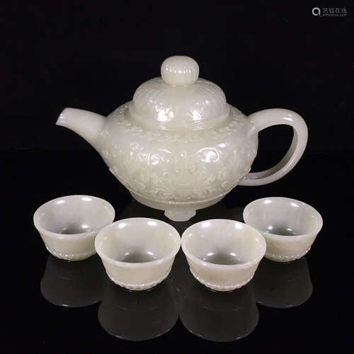 A FLORAL PATTERN HETIAN JADE TEA SET