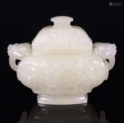 A FLORAL PATTERN DOUBLE-EAR HETIAN JADE STOVE