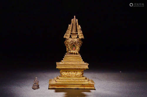 17-19TH CENTURY, A GILT BRONZE PAGODA, QING DYNASTY