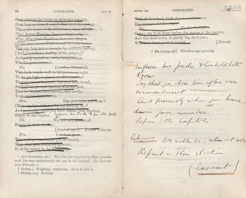 Marked-up acting copy of Coriolanus, with a covering letter by Henry Irving's business manager, Bram Stoker, [Royal Lyceum Theatre, Strand, 1880] SHAKESPEARE – IRVING'S CORIOLANUS