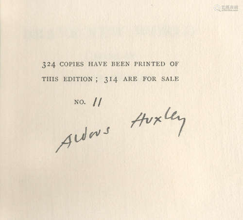 Brave New World, NUMBER 11 OF 324 COPIES SIGNED BY THE AUTHOR, Chatto & Windus, 1932 HUXLEY (ALDOUS)