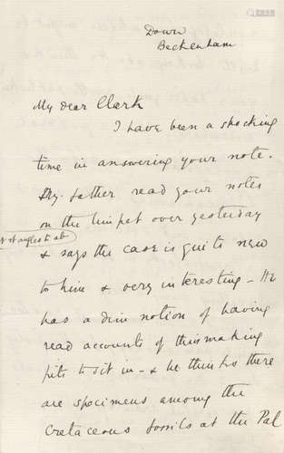 Letter written on Darwin's behalf by his son and assistant Frank, signed (