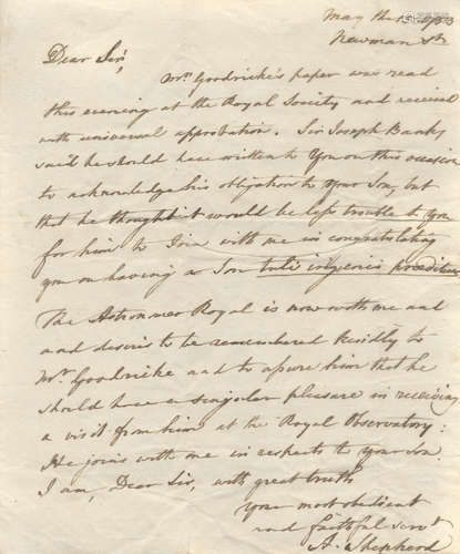 Collection of nineteen letters and documents relating to the lives and work of astronomers John Goodricke, Nathaniel Pigott and his son Edward Pigott, 1777-1806 ASTRONOMY