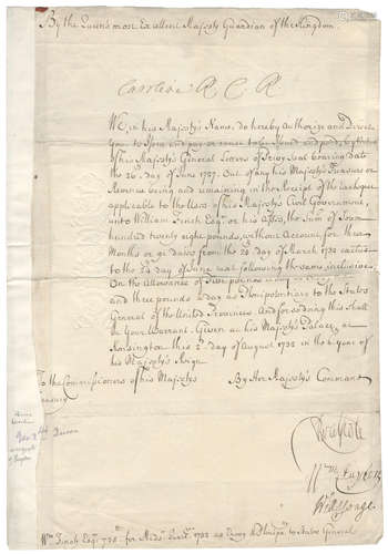 Warrant signed by Queen Caroline, as Queen Guardian of the Kingdom during the absence of her husband George II (