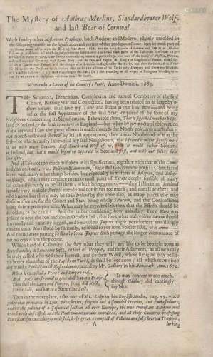 The Mystery of Ambras Merlins, Standardbearer Wolf, and Last Boar of Cornwal. With Sundry Other Misterious Prophecys... Portent of that Prodigious Comet... Written by a Lover of his Country Peace, Anno Domini, 1683, Robert Barker, 1613 (2) CORNWALL