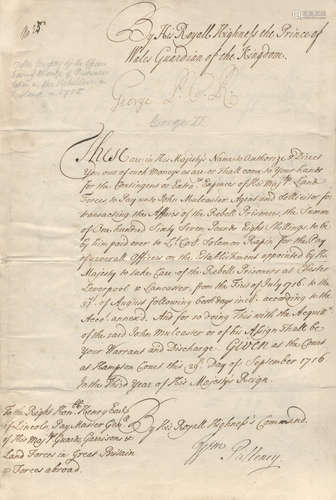 Warrant signed by George Prince of Wales (the future George II), as Prince Guardian of the Realm (