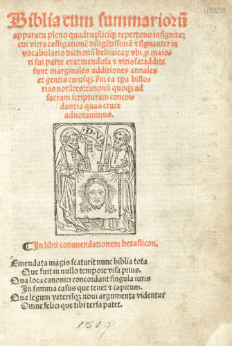 Biblia cum summarioru[m] apparatu pleno quadrupliciq[ue] repertorio insignita, Lyon, [Simon Vincent for] Jacques Mareschal, 16 October 1519 BIBLE, in LATIN
