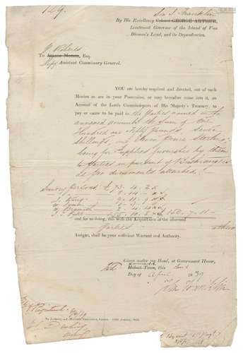 Warrant signed by Sir John Franklin, as Lieutenant-Governor of Van Diemen's Land (