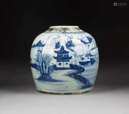 INGWERTOPF MIT LANDSCHAFTLICHER SZENERIE China, 18. Jh. Porzellan, unterglasurblaue Malerei. H. 20,5