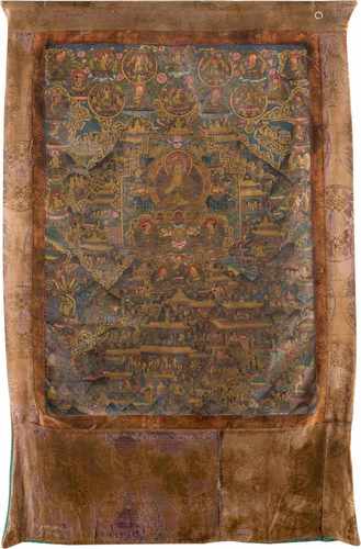 THANGKA MIT SHAKYAMUNI Tibet, 19. Jh. oder später Polychrome Malerei auf textilem Grund,