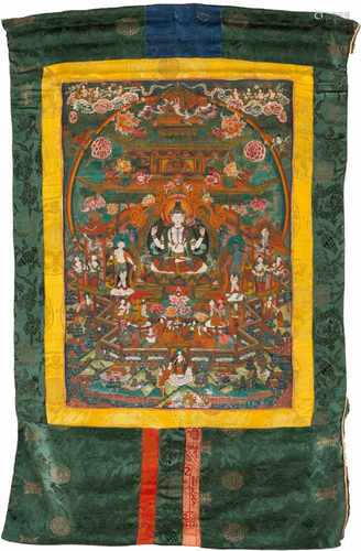 THANGKA MIT BODHISATTVA Tibet, 20. Jh. Polychrome Malerei auf textilem Grund. Ca. 58,6 cm x 42 cm (